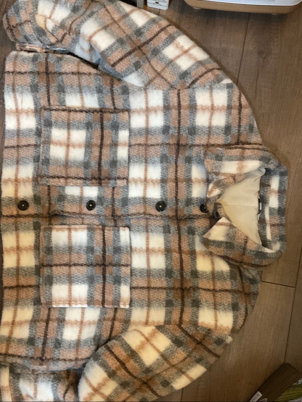 Plaid Fleece Pea Coat - Cream, Brown & Gray